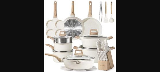 Nonstick Granite Induction Cookware Set with Kitchen Knife Set - Cream White