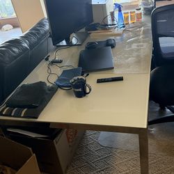 White glass top table, metal frame