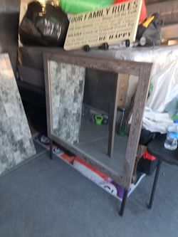 Rustic Wood Framed Wall Mirror, Dresser, Bed frame