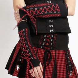 TRIPP NYC HALTER CORSET AND PLEATED SKIRT AND ARMWARMERS OUTFIT 