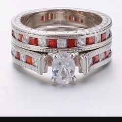 Stunning 925 Sterling Silver Oval Cut White Sapphire Set Along Ruby & White Sapphires Natural Breathtaking EngagementRing Matching WeddingBand BridalS