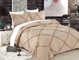 3 Piece Quilt Bedspread Coverlet Taupe Color Queen Size
