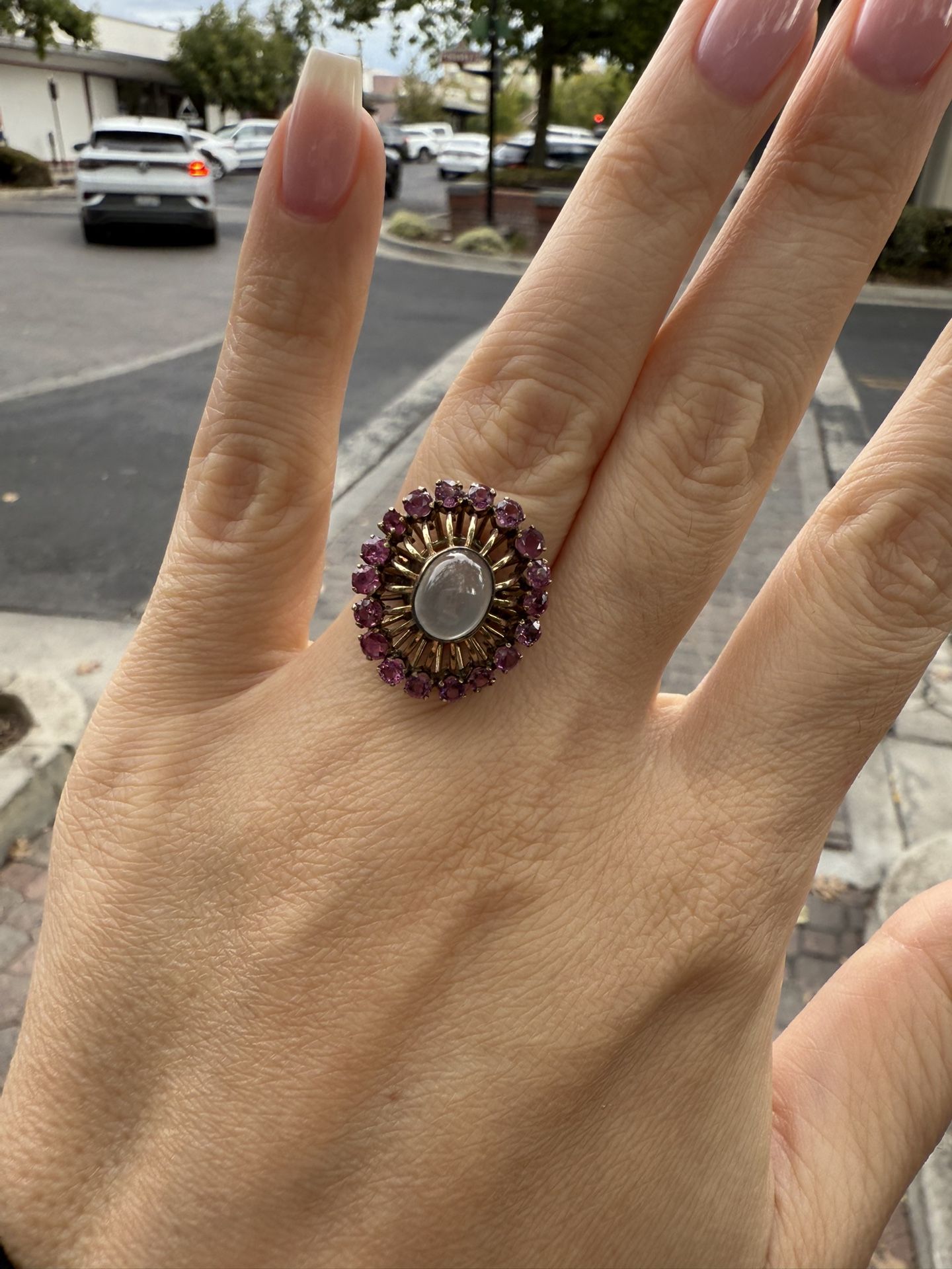 14K Gold, Natural Rubies, Moonstone Ring