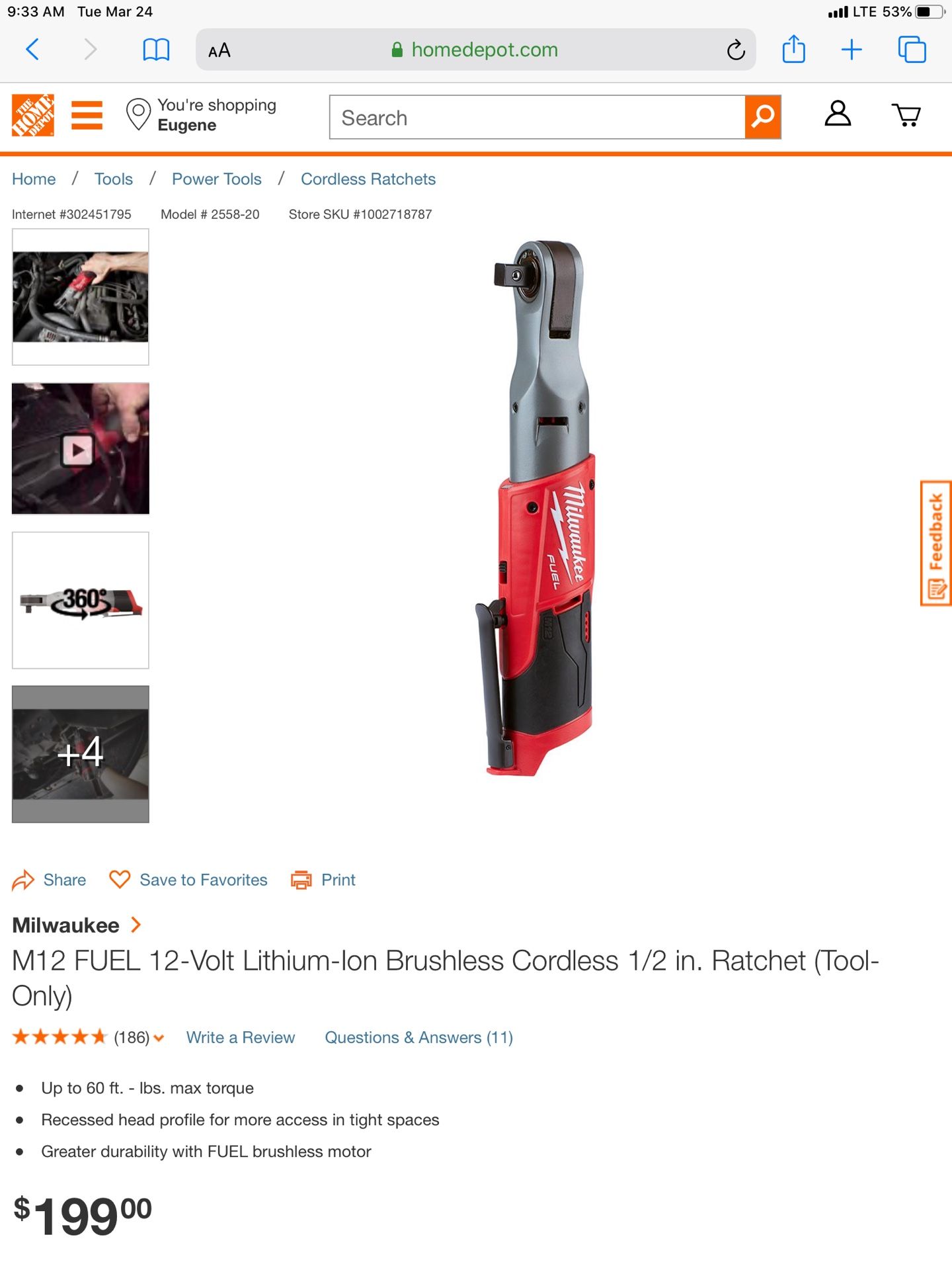Milwaukee m12 cordless brushless ratchet 3/8” drive w/ charger