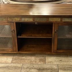 Wood Media Console TV Stand with Glass Doors Slate Accents