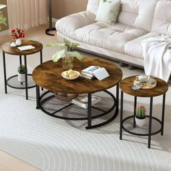 Coffee Table Set with Storage, 3 Pieces Living Room Table Set with 2 Round End Tables for Small Spaces Apartment Home, Brown