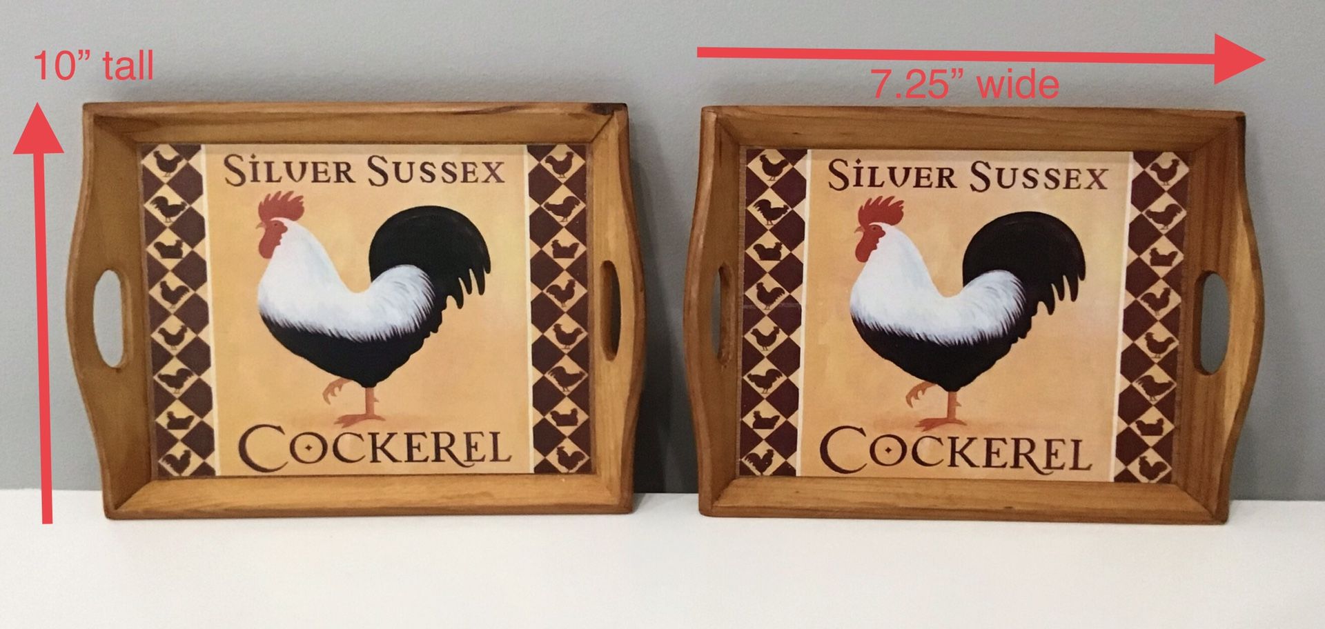 Pair of Small Light Weight Wood Rooster Trays with Handles