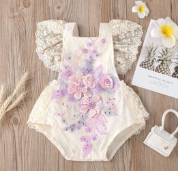 ODASDO Baby Girl Lace Romper Delicate Embroidery Backless Bodysuit with Flower.  Cake Smash Outfit. Size 6/12 months