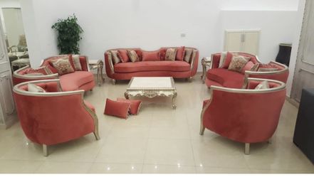 2 big four seater sofa, 2 chairs living room set. This is a modern reproduction of a Louis XV/Baroque style furniture set. TIME PERIOD 21st Century