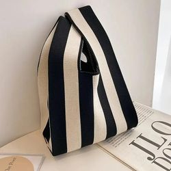Korean‑Style Vertical Stripe Knit Handbag, Retro Black‑White Striped Wrist Bag, Minimalist Mini Tot