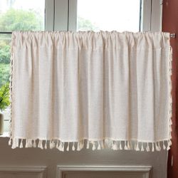 ‼️BRAND NEW‼️ W90” x H18” Striped Small Window Curtain / Valance With Tassels, High quality Linen Material, Rod Pocket. Color: Beige. Suitable For Kit