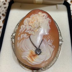 Antique Large Cameo Early 1900’s White Gold Filigree