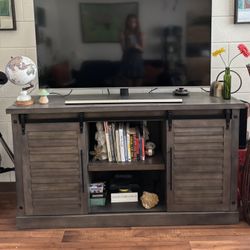 Rustic Dark Wood TV Stand with Sliding Barn Doors - Grey/Brown