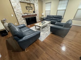 3 Piece Blue Leather Couch Set (Sofa, Loveseat, & Chair)