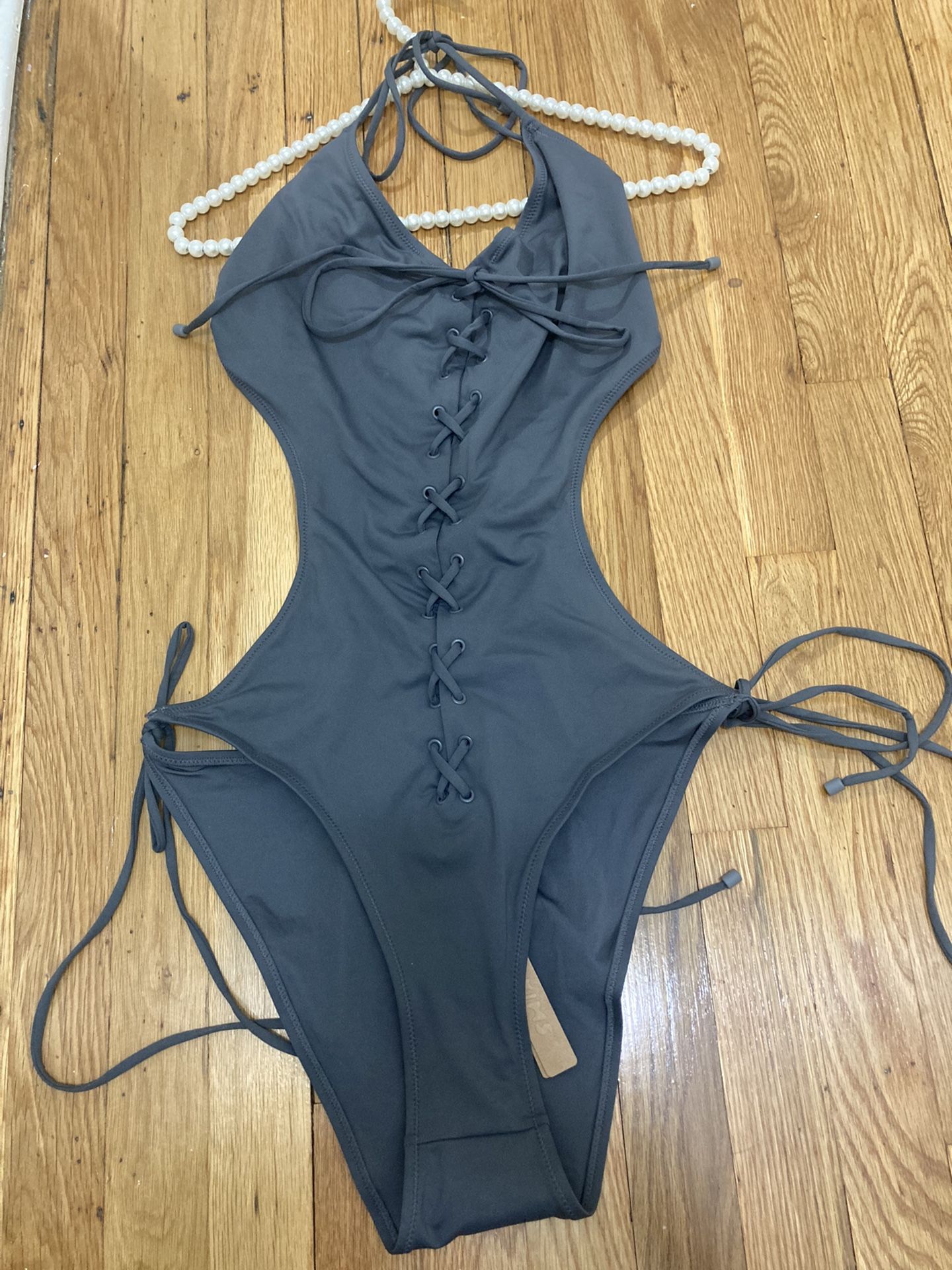 Skims Track Signature Swim Monokini Swimsuit Lace Up Gunmetal Gray Size 3X NWT
