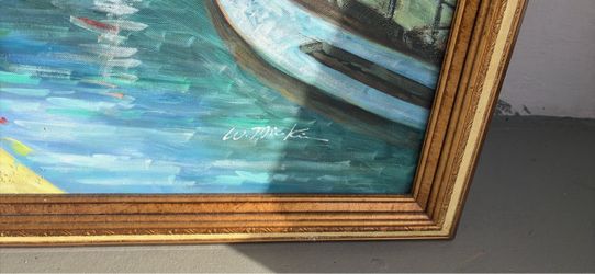 Signed Oil Painting Coastal Boats Scene Gold Frame
