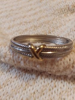 Silver Bangle Bracelet with Gold X Accent