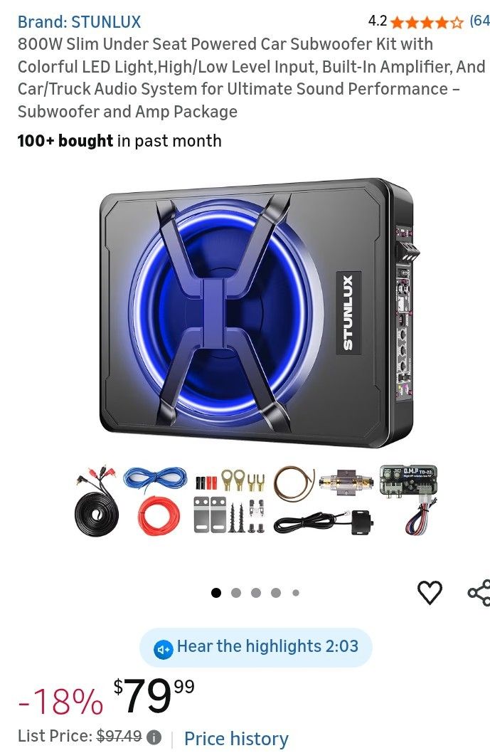 STUNLUX 800W Slim Under Seat Powered Car Subwoofer Kit with Colorful LED Light,High/Low Level Input, Built-In Amplifier, And Car/Truck Audio System fo