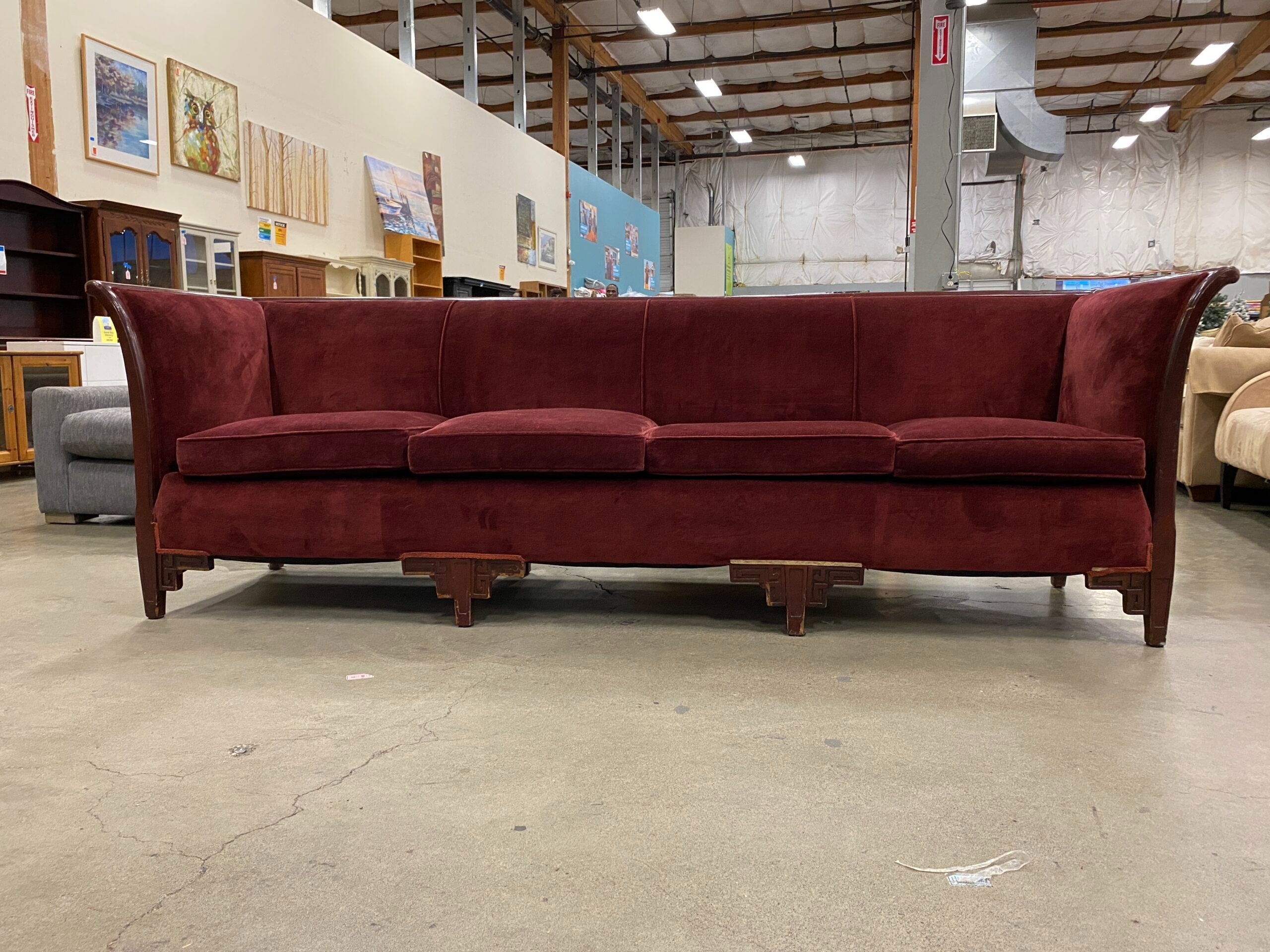 Red Velvet Long Sofa with Wooden Accents