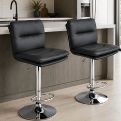 Set Of 2 (6 Avail) - Modern Black PU Leather Swivel Bar Stools w/ Adjustable Pneumatic Lift  [NEW IN BOX] **Retails for $200