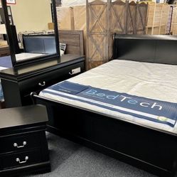 Queen Black Bedroom Set (Bed Frame, Dresser, Mirror And One Nightstand)