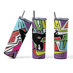 Retro Break Dance Tumbler, Stainless Steel, Colorful Geometric Design, Black Silhouette Art