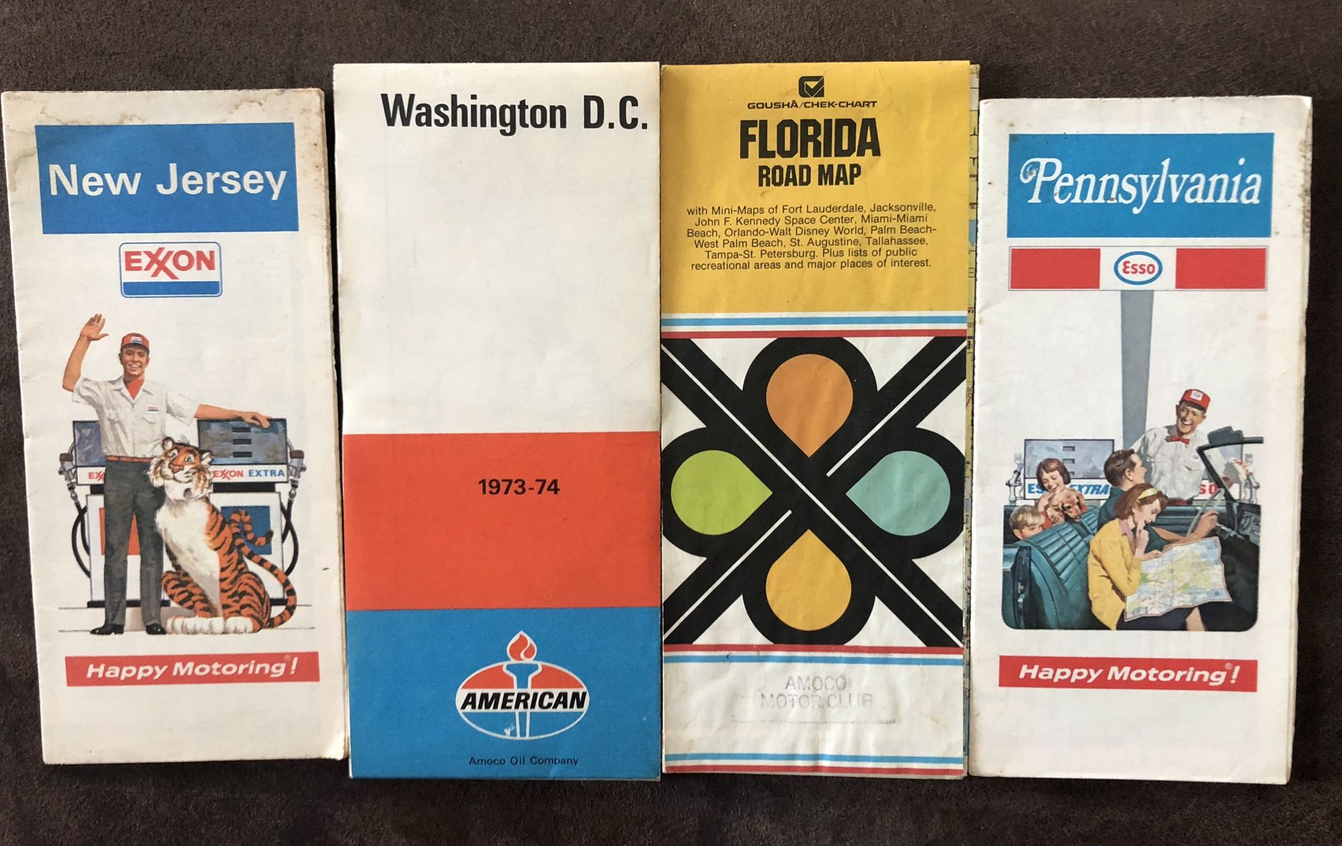 4 Vintage Maps-Florida-Pennsylvania-Wash DC-New Jersey Gas Station Maps-GC