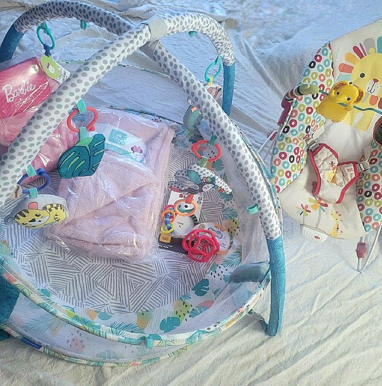 NEW out Of Box Baby playtime bundle- Baby Toys & Playyard & Bounce Seat