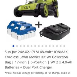 New Lawn Mower. Open Box. Never Used. Comes With 2 Batteries and a dual Charger.