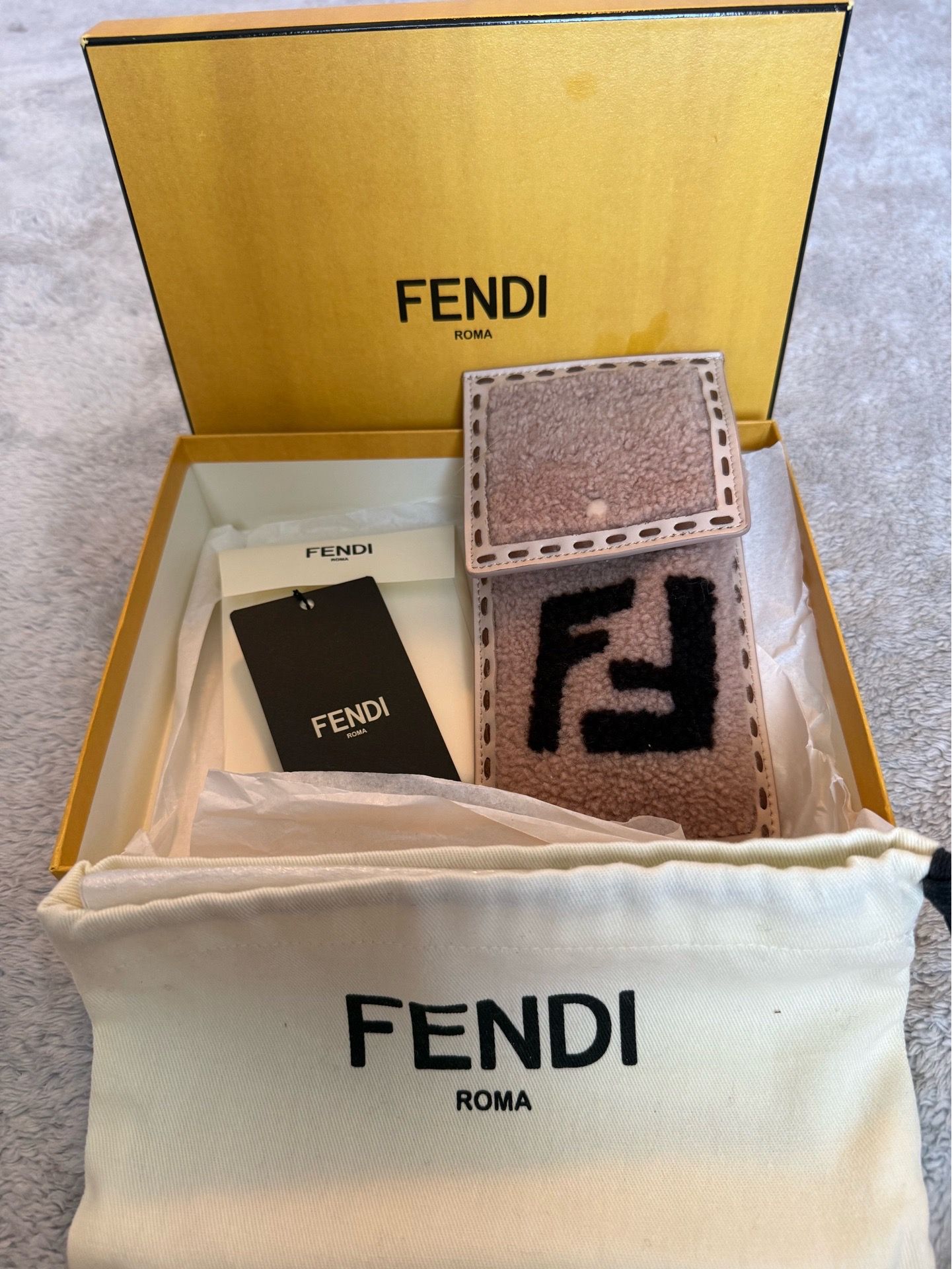 Authentic FENDI Shearling FF Logo Smartphone Pouch Bag Charm FULL SET w/tags
