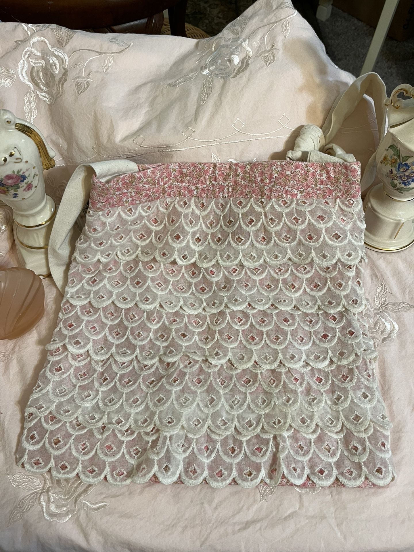 Cottage Core Cottage Floral Print And Lace Tote Bag, Handmade