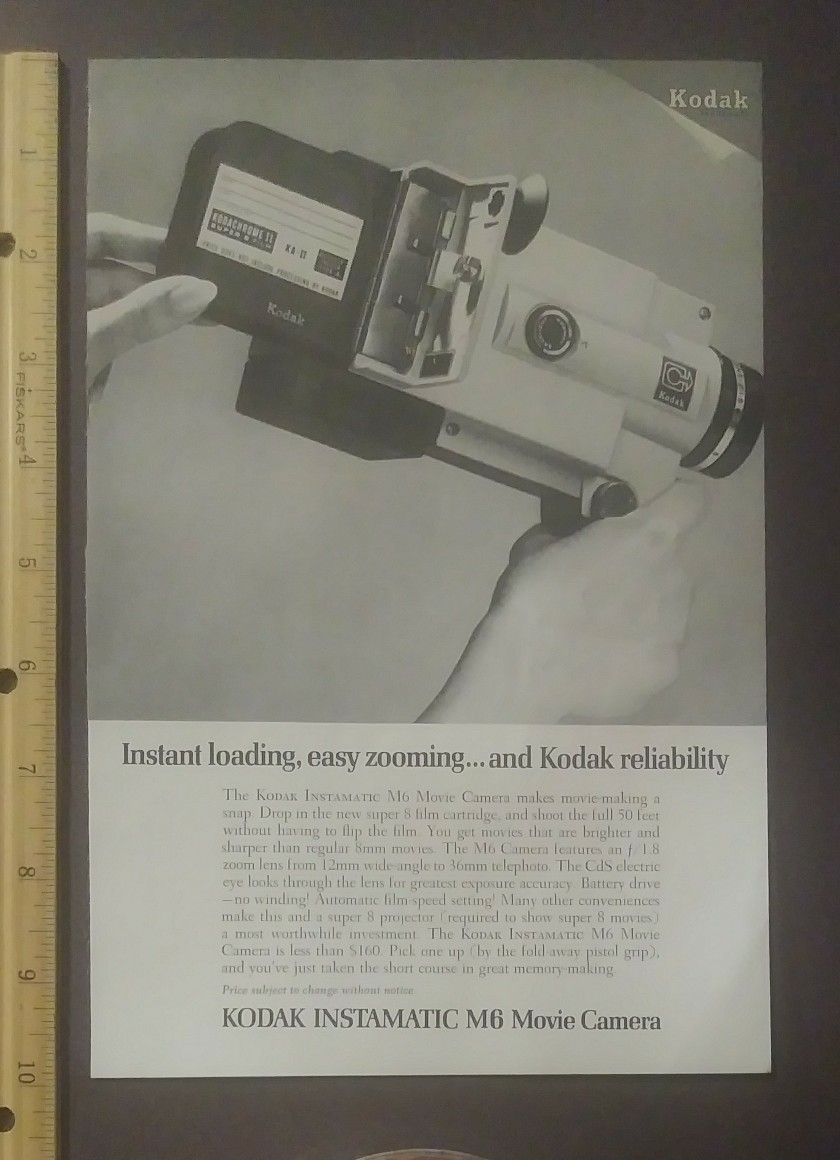 1966 Kodak Instamatic M6 Movie Camera Black And White Ad Collectible Vintage Advertisement