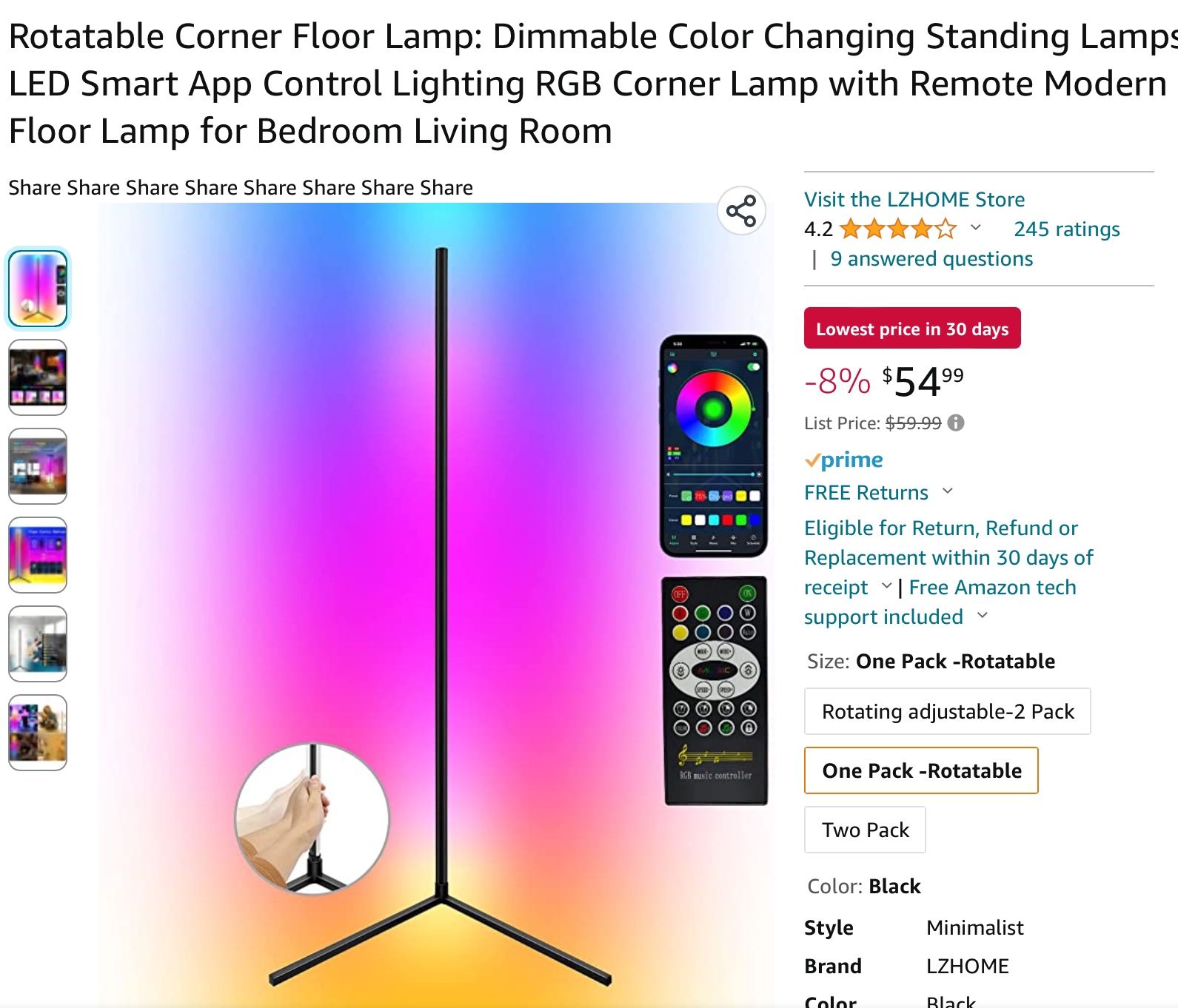 NEW Rotatable Corner Floor Lamp: Dimmable Color Changing Standing Lamps LED Smart App Control Lighting RGB Corner Lamp with Remote