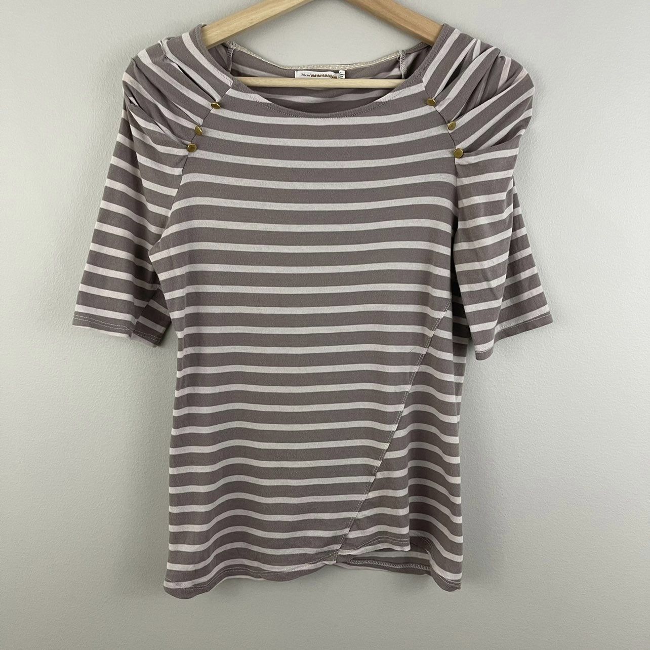ANTHROPOLOGIE Beige Tan Creme Striped Boatneck Quater Sleeve Top