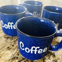 Set Of 4 Blue Ceramic Stoneware Cups Coffee Mugs 