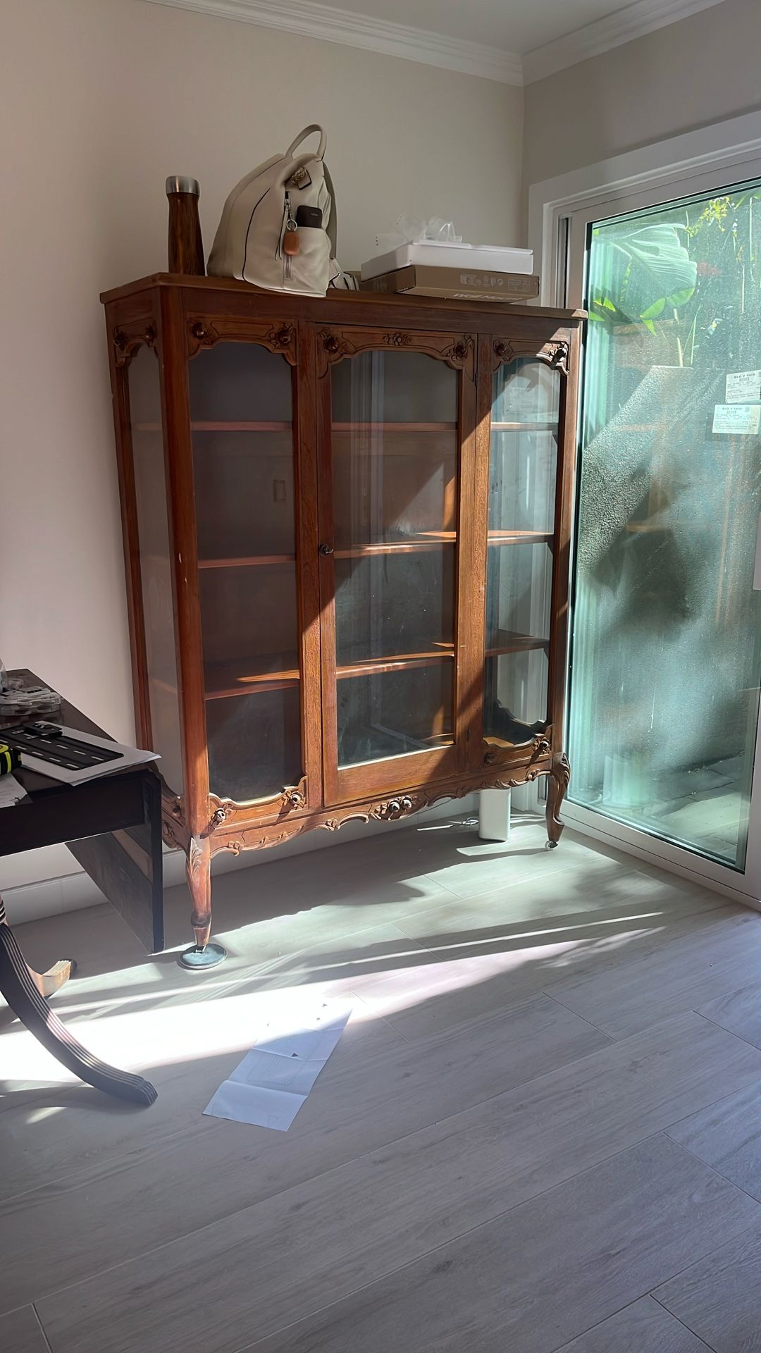 FREE! China Cabinet, 1 Wheel Broken, Wood A Little Dry, But Opens Closes & Glass All Intact. 