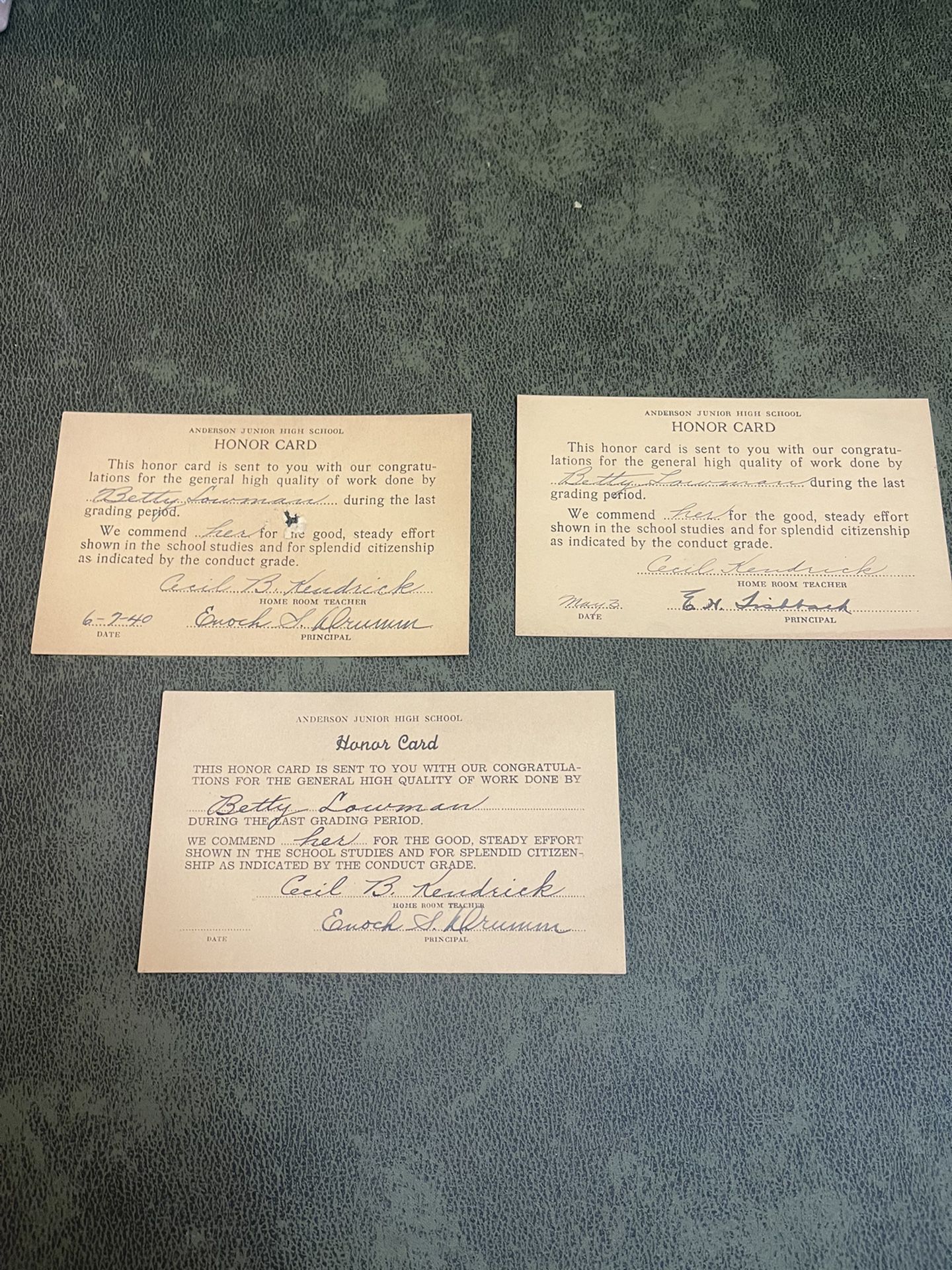 Lot of 3 1940 Anderson Junior High School Honor Cards