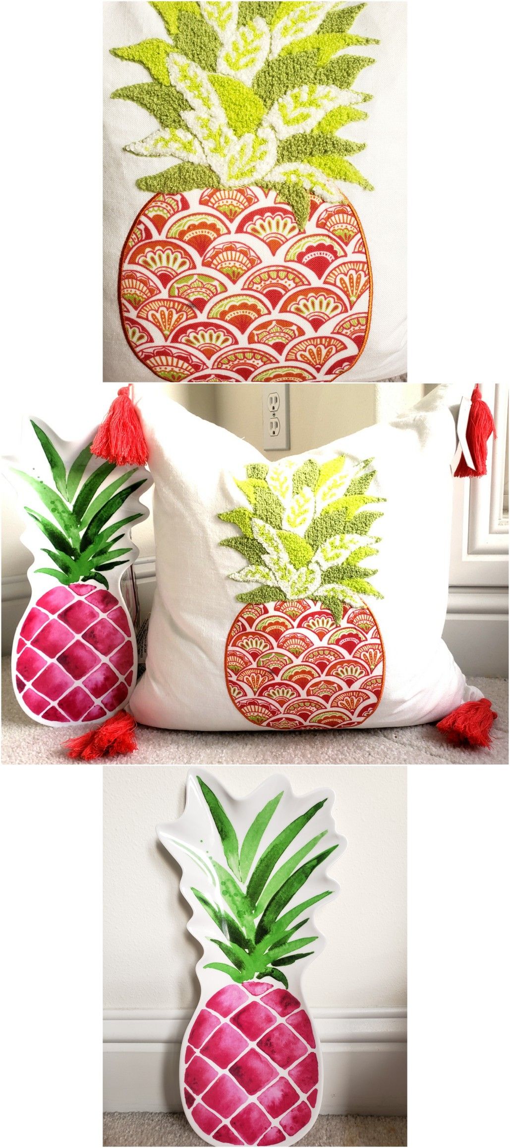 New Boho Tropical Hawaiian Theme Pineapple Decor- Embroidered Pillow & Tray