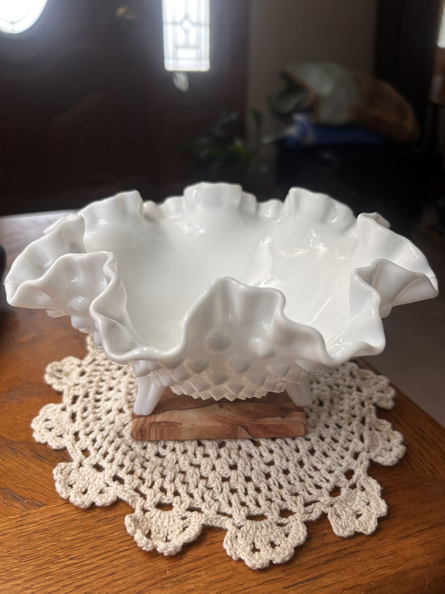 Vintage Fenton Ruffled Hobnob 3 Footed Candy Dish 8” White Milk Glass