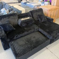 Black Jumbo Corduroy Convertible Sectional Pull Out Sofa with Fold Down Table & Cup Holder + USB Port + Storage Chaise