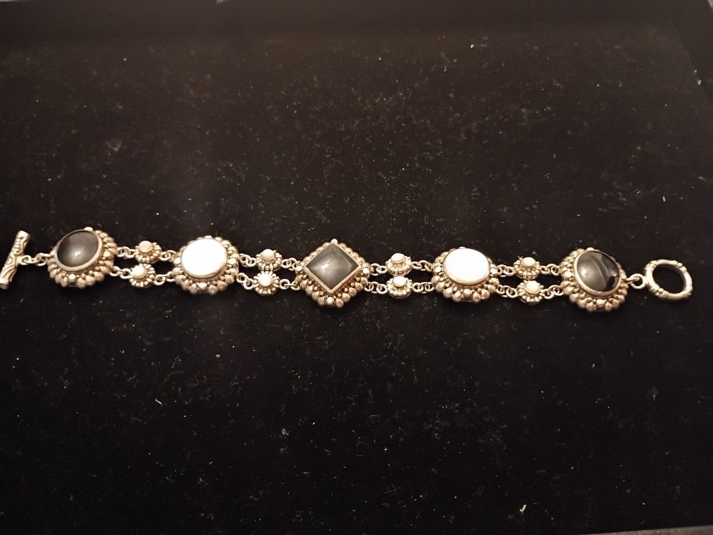 Vintage 925 Sterling Silver Black Onyx Mother Of Pearl Statement Bracelet