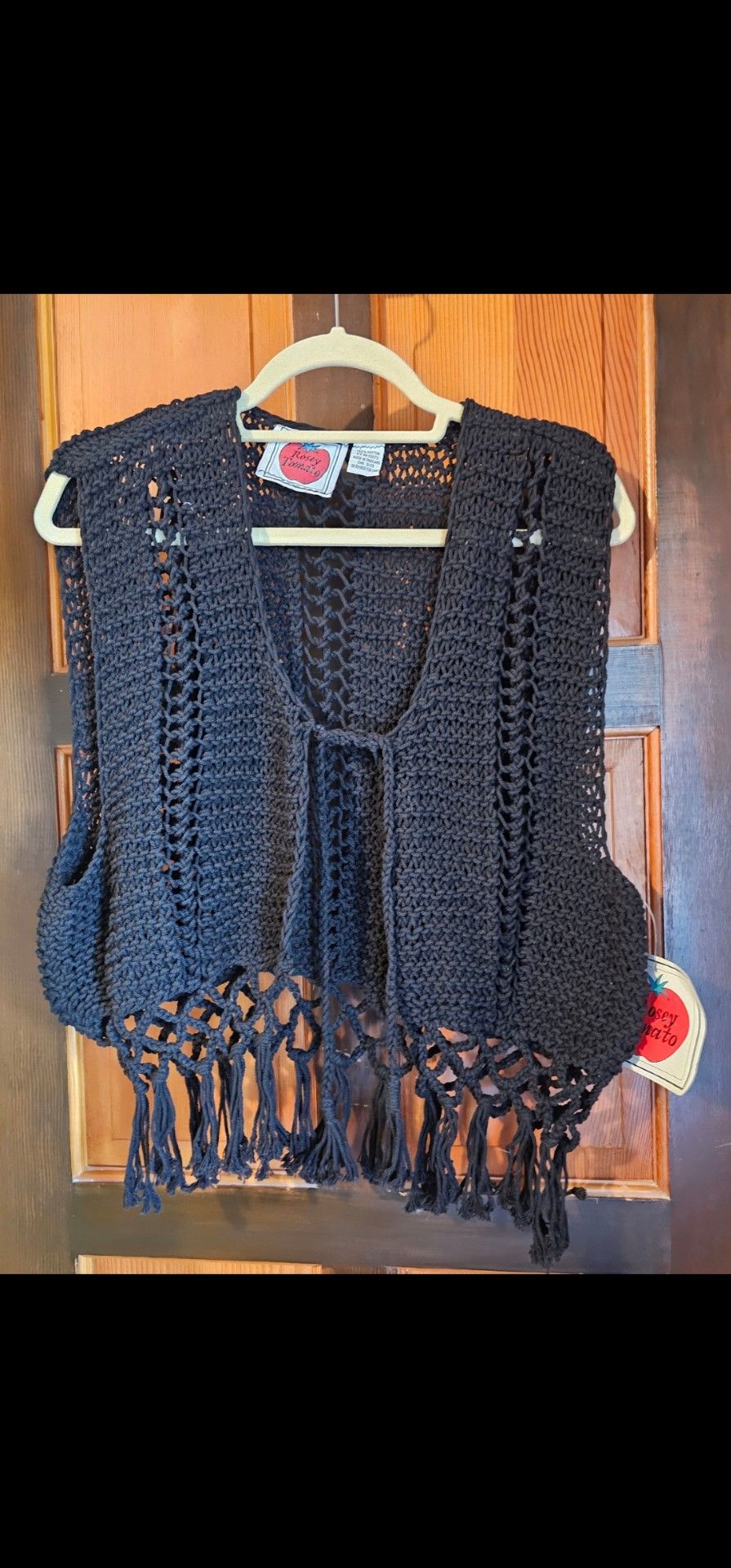 Rosey Tomato 100%cotton black crochet vest one size show room
