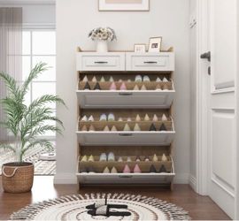Shoe Cabinet With 3 Flip Drawers, 2 Storage Drawers, PVC Door With Shape, Entryway Shoe Storage Cabinet
