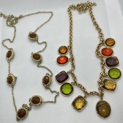 Necklaces With Gems 24” & 18” in Length + a Pair Of Earrings