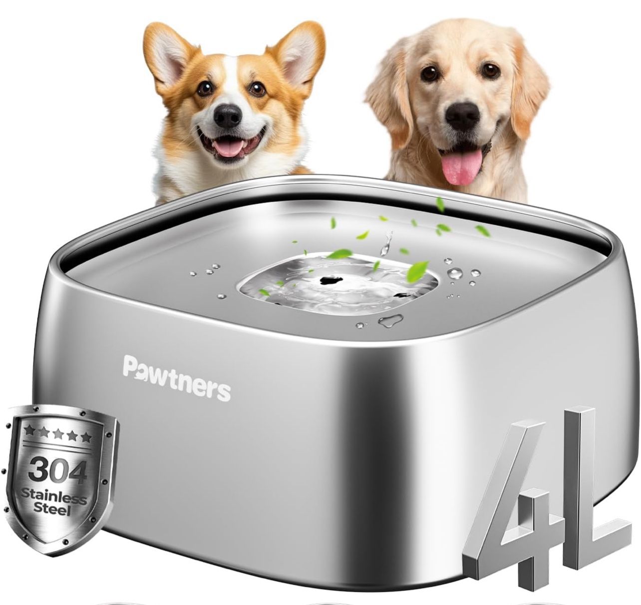 Dog Water Bowl No Spill, 4L All Stainless Steel Slow Water Bowl for Dogs with Non-Slip Base, Spill Proof for Medium Large Messy Drinkers, Slow Drinkin