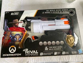 New in Box Nerf Overwatch McCree Rival Blaster with Die Cast Badge & 5 Overwatch Rival Rounds