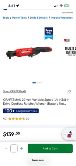 Craftsman 20V Cordless Ratchet Wrench (no battery included)
