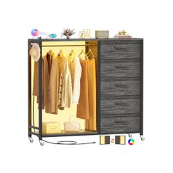 Dresser for Bedroom with Clothes Rack, 5 Drawers Dresser with Charging Station & LED Lights, Tall Storage Chest of Drawers with Wheels, Wooden Top, Lo