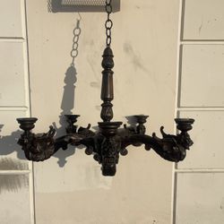 19th Century Ornate European Antique Hand-carved Woden Four-light Chandelier w/ Figural Elements