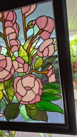 Hollyhock stained glass panel 19x23